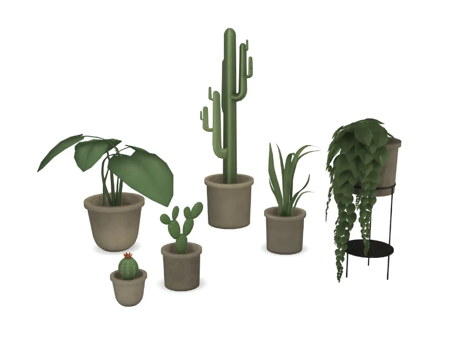 Six plants varying from tiny to huge on a white background. There's a tall cactus, two small-medium cacti (one with an orange flower), a leafy green rubber plant, a twisted grass, and a hanging ivy draped over a pot. They're made by ELCC.