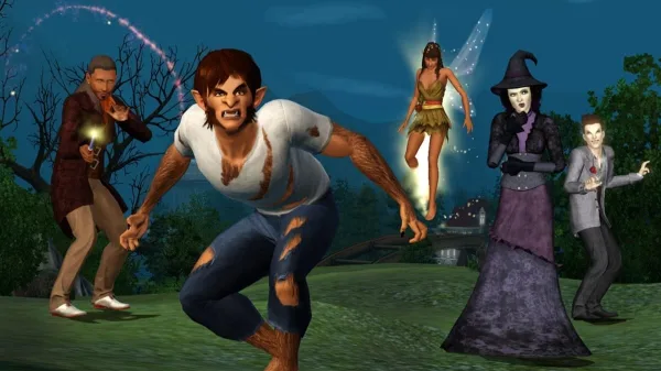 A bunch of supernatural creatures in a field, such as fairies, witches and werewolves.