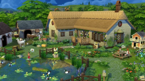 A picture of a pastoral thatched-roof cottage with a pond in the foreground.