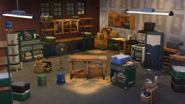 A picture of a cluttered garage-slash-workshop area with a workdesk singled out by lighting.