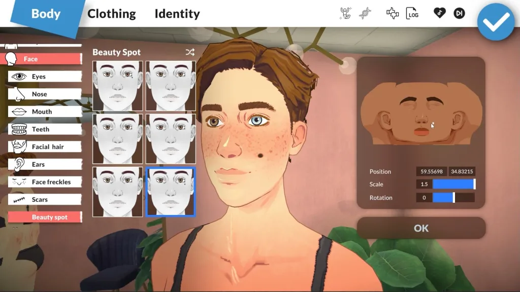 A preview of the Paramaker in Paralives. It's a character builder showing a Parafolk character at a 3/4 angle showing a mole, heterochromia, scars, freckles. There's also two tabs that say clothing and identity.
