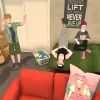 A still from Paralives showing four Parafolk hanging out in a mostly packed, cluttered flat. There are two parafolk on the left dancing, plus two lounging on the bed. A sofa with a cartoon cushion is at the front.