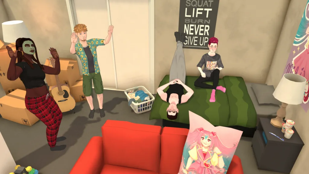A still from Paralives showing four Parafolk hanging out in a mostly packed, cluttered flat. There are two parafolk on the left dancing, plus two lounging on the bed. A sofa with a cartoon cushion is at the front.