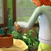 A Sim with red dreads and pastel clothes watering a living houseplant in a room covered in plants. It's from The Sims 4: Enchanted By Nature.