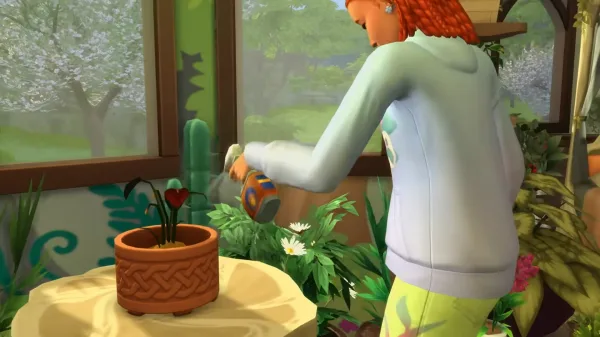 A Sim with red dreads and pastel clothes watering a living houseplant in a room covered in plants. It's from The Sims 4: Enchanted By Nature.