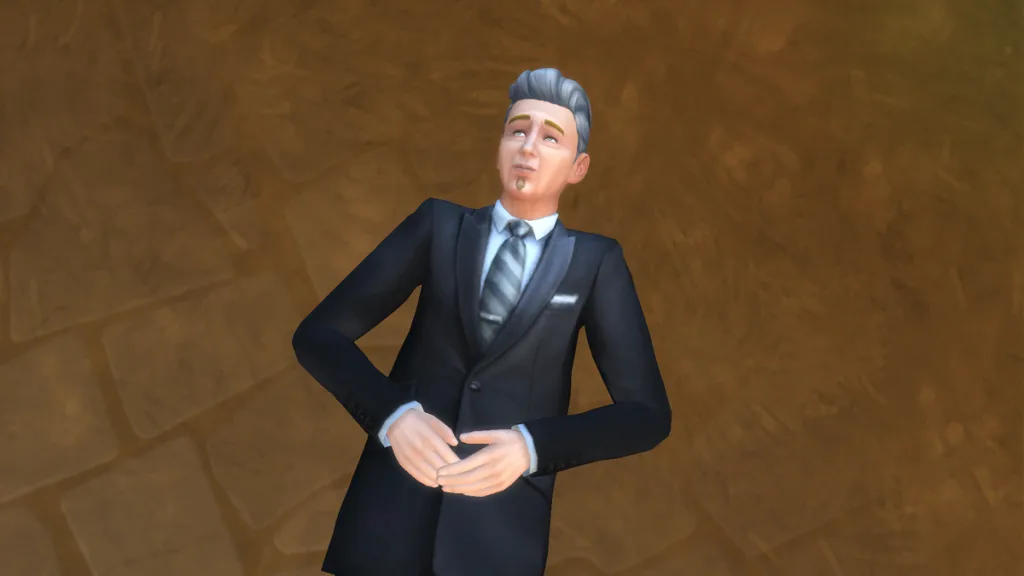 Johnny Zest lying back in the grass as an Elder in a black suit. He's stargazing.