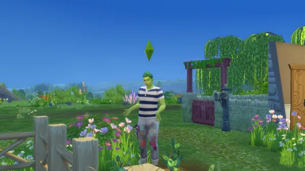 A green plantsim in The Sims 4 tending to plants in naturre. He looks to be talking to his crops while gardening in Henford on Baggley. He has a blue stripey tshirt and greens. In the background is a cottage white a stone and wood gate, plus trees and a blue sky.