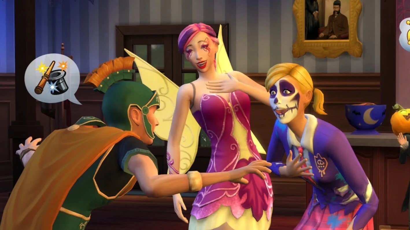 Three Sims at a Halloween party, all dressed up in different costumes. One in the forefront One in the middle is wearing a pink and yellow fairy costume, complete with big gold wings and pink hair. She's talking to a roman soldier in a green costume and a zombie in pink and purple.