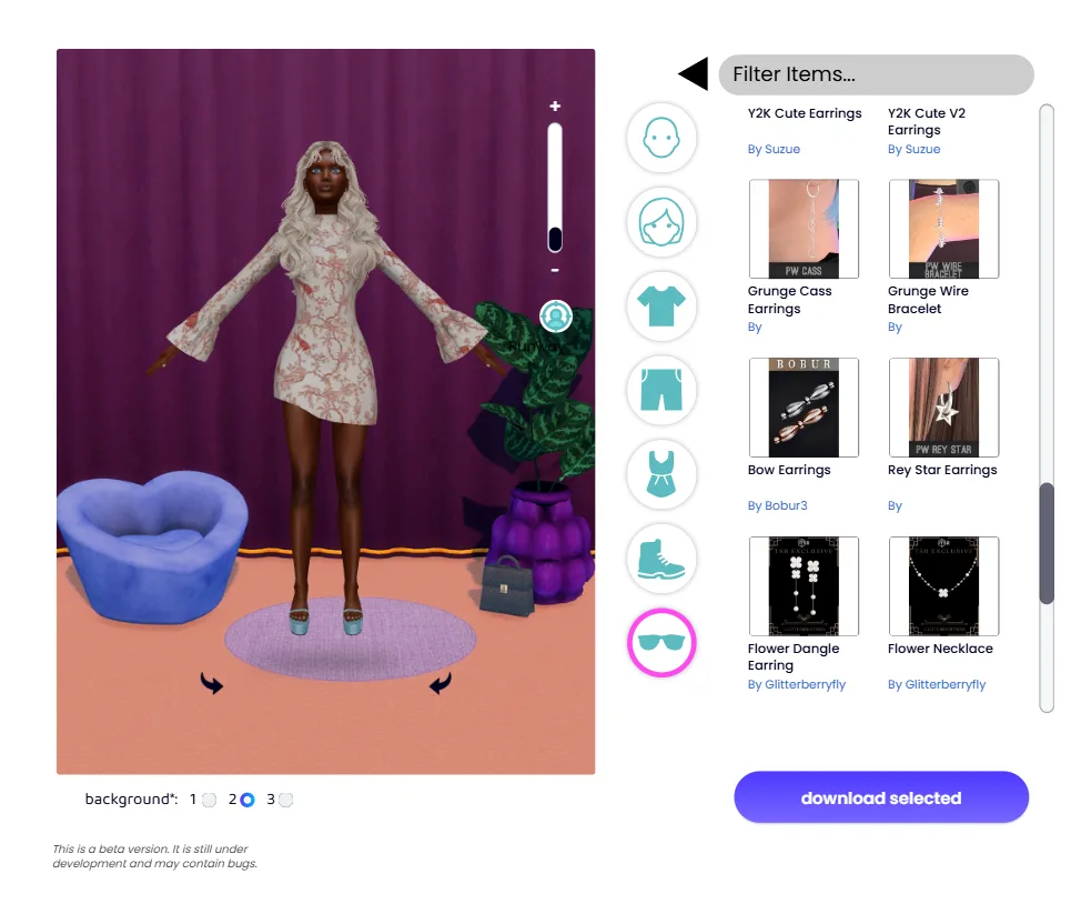 A Sim in The Sims Resource's CC Viewer. She's wearing a white and orange retro dress in a retro purple and orange bedroom. She had teal platform shoes and long blonde hair. Lots of custom content can be seen in the side including jewelry.
