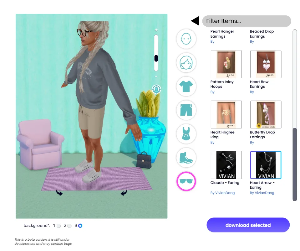 A Sim in The Sims Resource's CC Viewer with long brains and glasses. Their hair is silver and they're wearing sportswear: a sweater and cycling shorts, plus sneakers. Lots of jewelry is visible as custom content. It's in a mint green and purple room.
