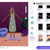 An overview of The Sims Resource's CC Viewer, showing a Sim wearing a green summer dress, green heels, and lots of jewelry. She's on a retro background and has blonde hair.