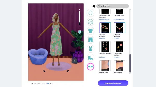 An overview of The Sims Resource's CC Viewer, showing a Sim wearing a green summer dress, green heels, and lots of jewelry. She's on a retro background and has blonde hair.