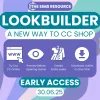 The Sims Resource's LookBuilder banner, showing two Sims wearing custom content. It says that the custom content viewer will be out on June 30th.