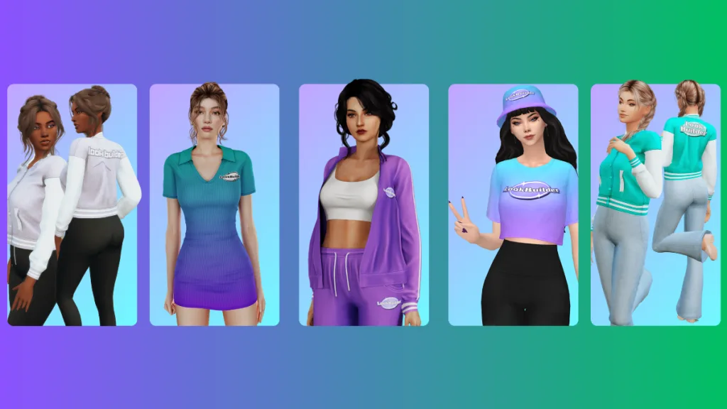 An overview of five Sims wearing in-game merch from The Sims Resource's LookBuilder range, including sportswear like varsity jackets, a bucket hat, crop top, and more.