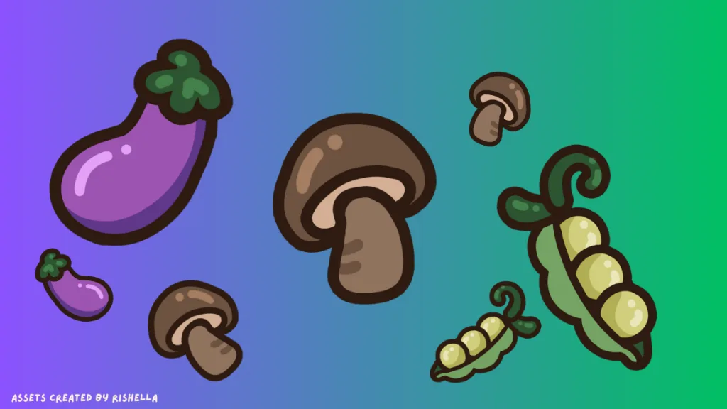 A collage of aubergine/eggplant, mushrooms, and peas from the very veggie legacy challenge assets.