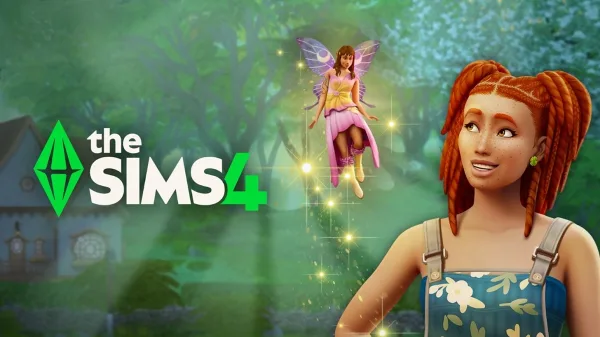 A picture of a smiling woman next to a fairy with the text 'The Sims 4' overlaid.