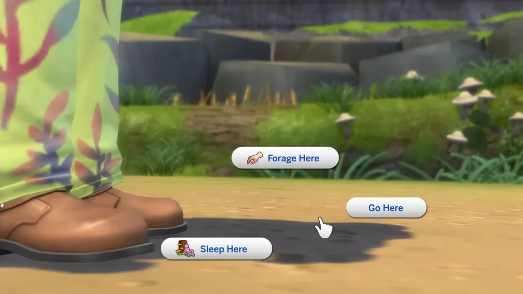 A screenshot from The Sims 4 Enchanted By Nature showing a Sim interacting with the floor. A forage here and sleep here icon is next to both.