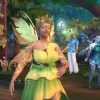 A screenshot of Sims in a forest, with the main Sim in the foreground wearing a floral-inspired outfit with wings.