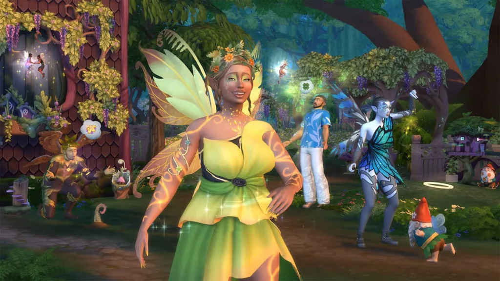 A screenshot of Sims in a forest, with the main Sim in the foreground wearing a floral-inspired outfit with wings.