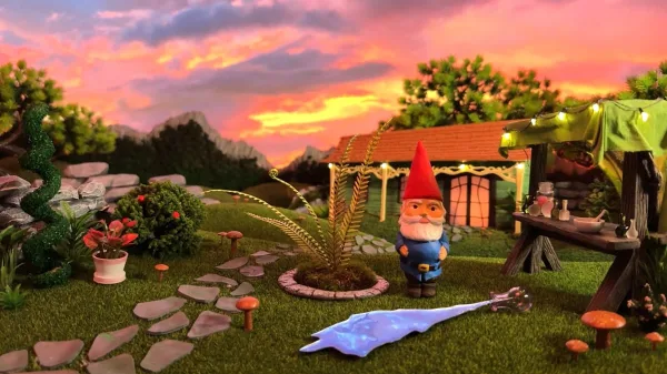 A picture of a calm rural scene with a gnome in the foreground.