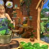 A screenshot of a female Sim watering a plant in a very floral-themed room open to the elements.