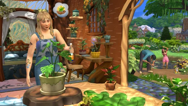 A screenshot of a female Sim watering a plant in a very floral-themed room open to the elements.