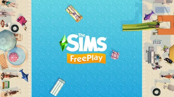 A top-down picture of a pool with objects scattered around the side and the words "The Sims Freeplay" overlaid.