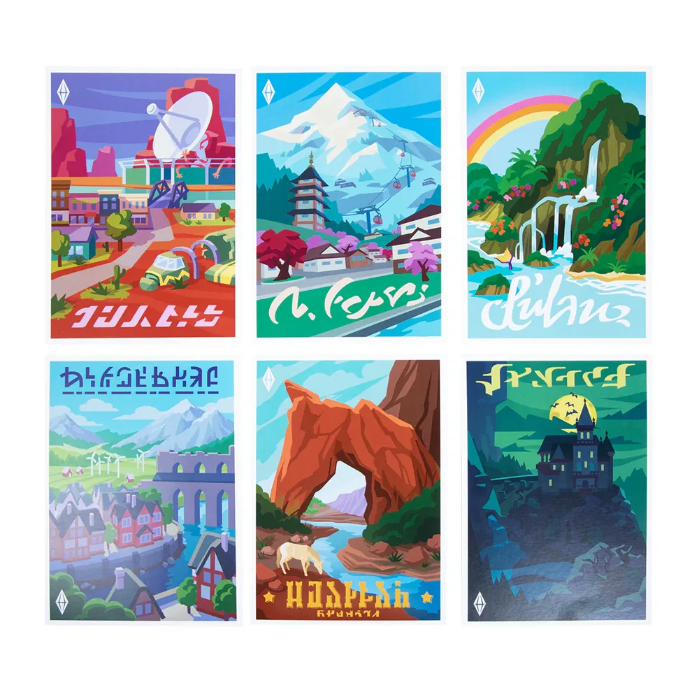 A picture of six postcards showing various locations with simlish words over them, in a similar vein to old travel posters.