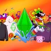 A picture of various merch items on a bright orange background with a green plumbob in the middle.