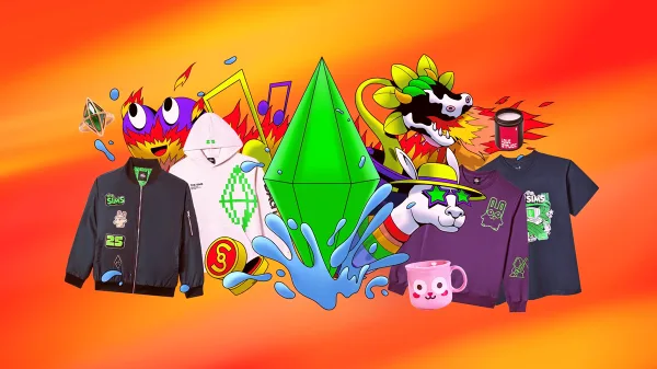 A picture of various merch items on a bright orange background with a green plumbob in the middle.