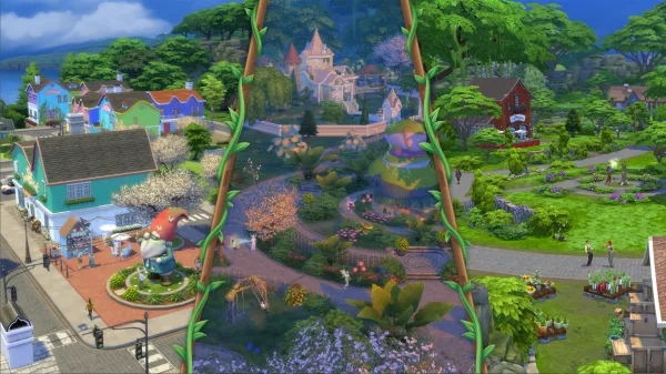 A triptych of images allegedly leaked from The Sims 4: Enchanted By Nature, showing a colourful town with gnomes, a dark mossy forest with a big magical building, and a green but more sparse glade. Fairies fly around the image.