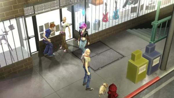 A picture of a street scene with four people talking, walking and walking their dog respectively.