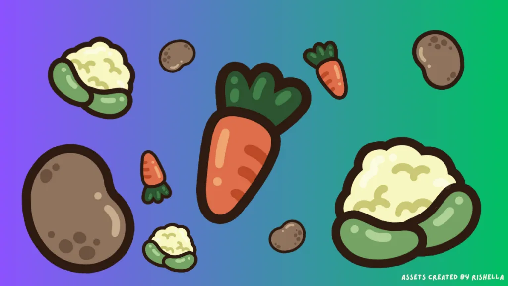 A collage of cauliflower, carrots, and potatoes using assets from the very veggie legacy challenge.