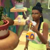 A Sim spraying a houseplant with a water bottle in The Sims 4 Enchanted By Nature. She's in a greenhouse surrounded by potted plants.
