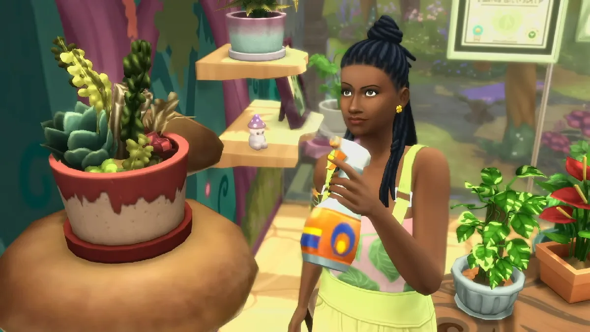 A Sim spraying a houseplant with a water bottle in The Sims 4 Enchanted By Nature. She's in a greenhouse surrounded by potted plants.