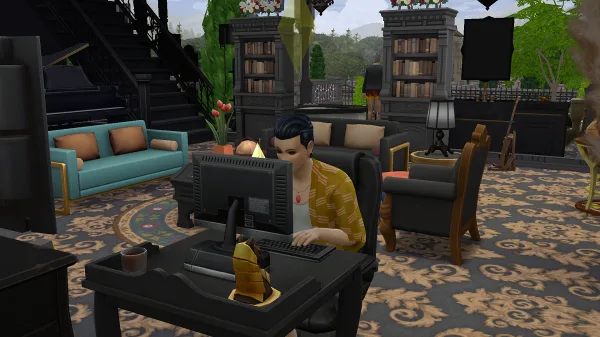A Sim playing PC in a maximalist goth manor in Ravenswood. It's an adult child of Lily and Victor Feng. The house is black, gold, and teal.
