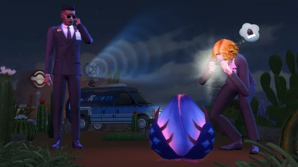 Two MIB-style agents examine an alien plant in a cacti-filled desert.