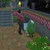 A Sim giving birth with a bassinet in front of them. They're outside, with a spectre floating around.