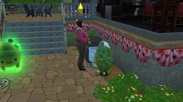 A Sim giving birth with a bassinet in front of them. They're outside, with a spectre floating around.