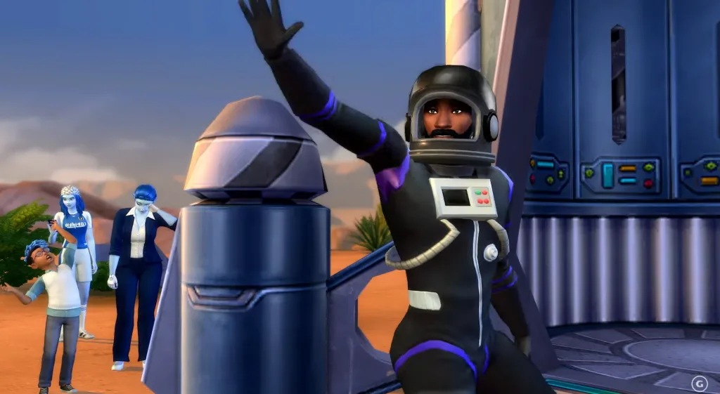 An astronaut waves at the camera as they enter their spaceship in Oasis Springs. Their family, two blue Sims (presumably aliens) and one human, all wail and look sad.