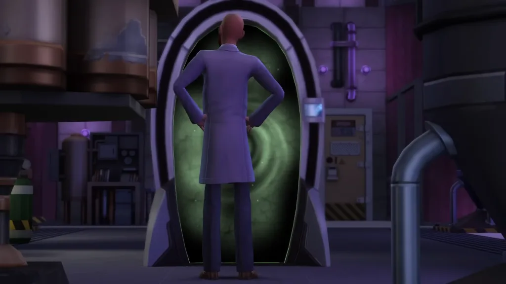A Sim in a lab coat stands in front of a green portal. Other metalic implements hang around the side.