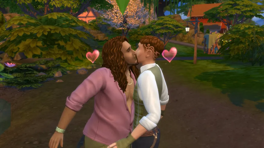 Two men in rustic clothing kiss on a forest background.