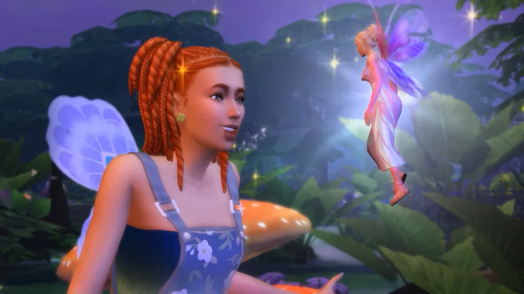A girl with red hair speaks to a much smaller fairy that's hovering in front of her.