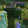 A woman and a man, both with green skin and floral theme, stand next to each other.