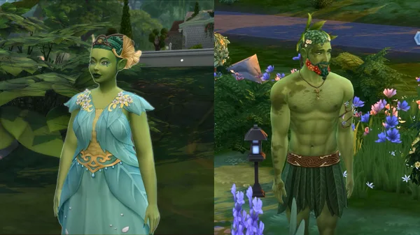A woman and a man, both with green skin and floral theme, stand next to each other.