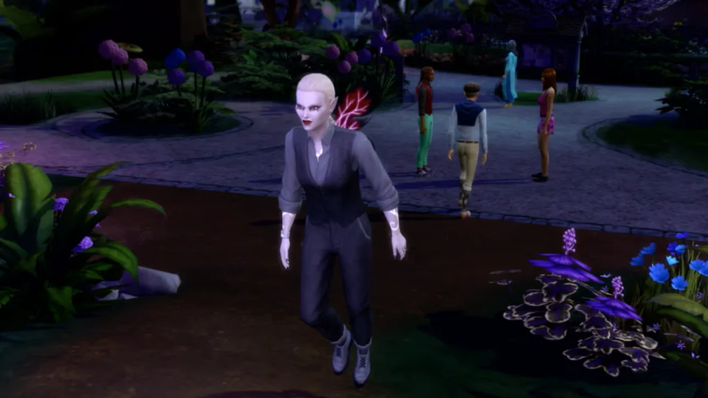A picture of a rather goth-looking, blonde and pale-skinned fairy floating through the air.