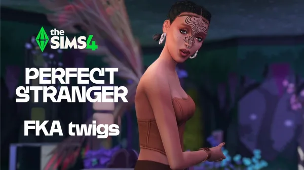 A picture of a female fairy with facial tattoos facing the camera. Text is overlaid showing the words 'Perfect Stranger. FKA Twigs.'