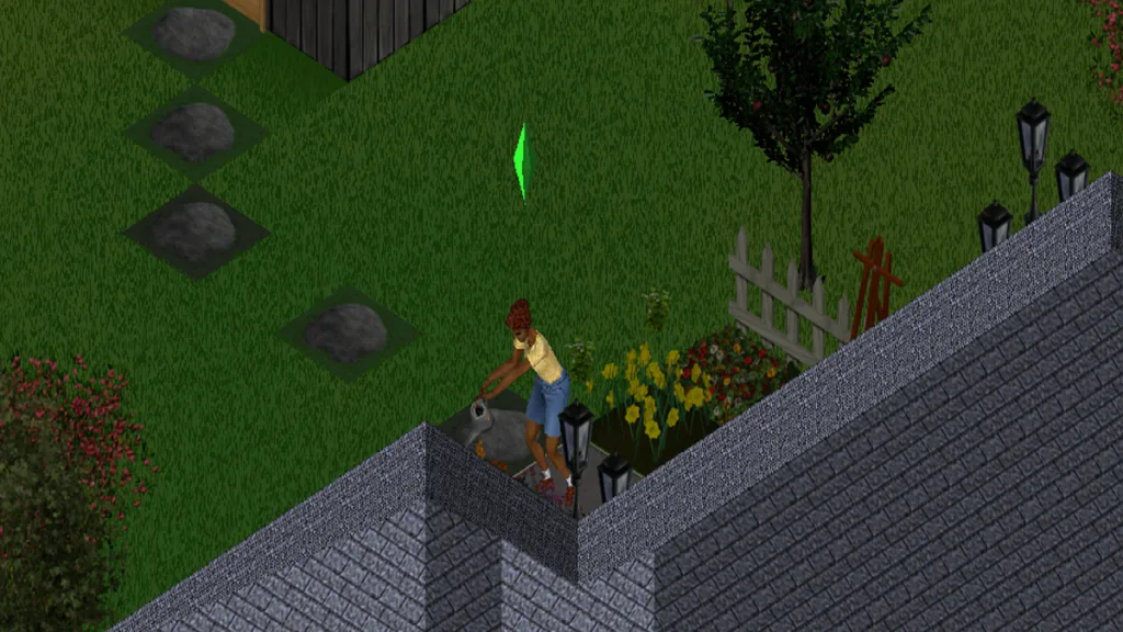 Melissa Roomies watering plants in the garden in The Sims 1.