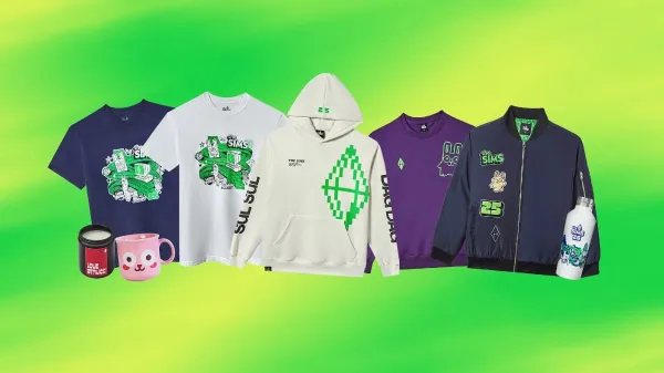 A picture of a bunch of merch lined up on a greenish-yellow background.