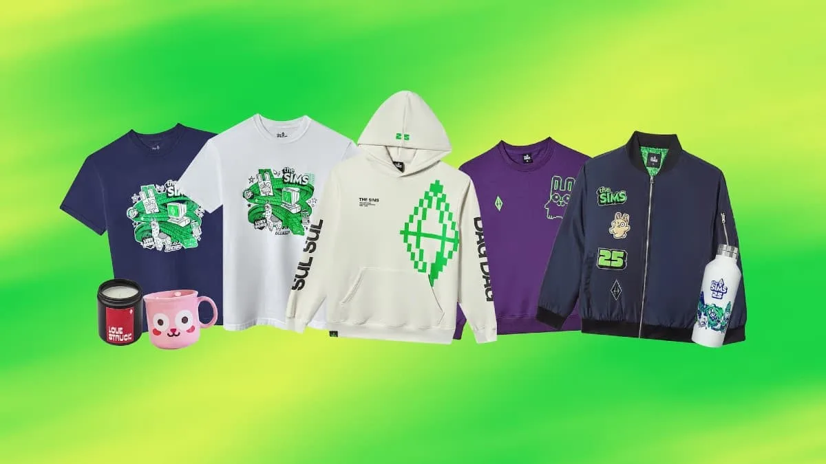 A picture of a bunch of merch lined up on a greenish-yellow background.